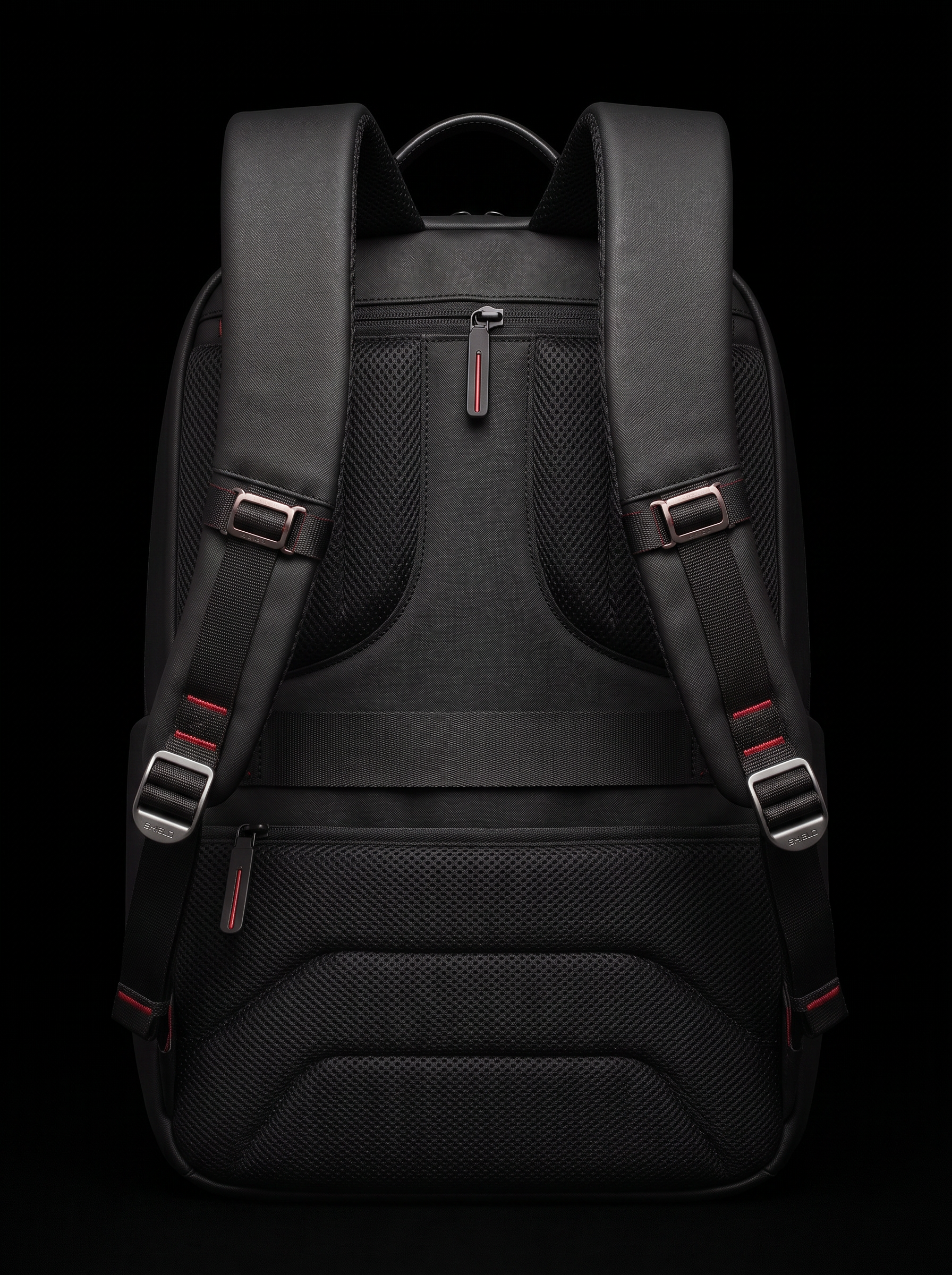Zaino SHIELD vista posteriore — schienale ergonomico a tre sezioni, spalline imbottite, cinghia portabagagli con badge SHIELD